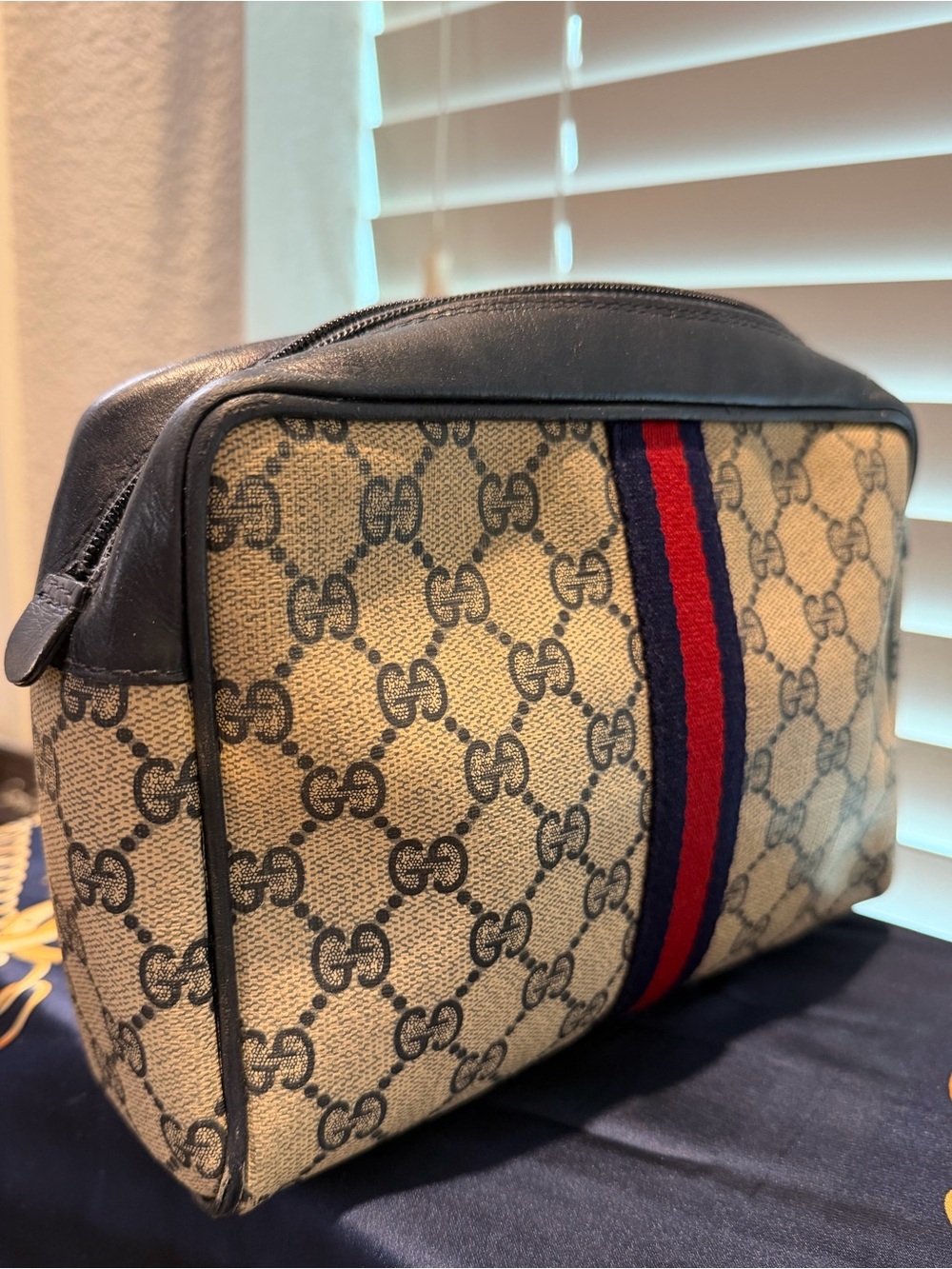 Gucci GG Canvas and Leather Sherry Line Navy and Beige Clutch